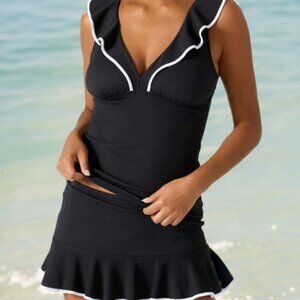 NEW Black V-neck Ruffles Adjustable Straps Tankini Swimsuit with Black Skirt